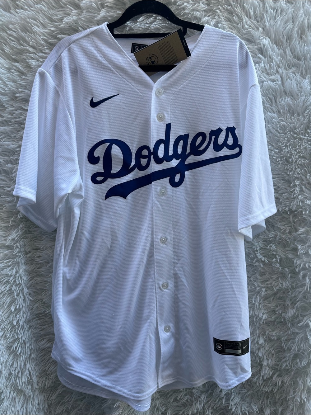 Nike White Dodgers Button-Up Jersey with Blue Script